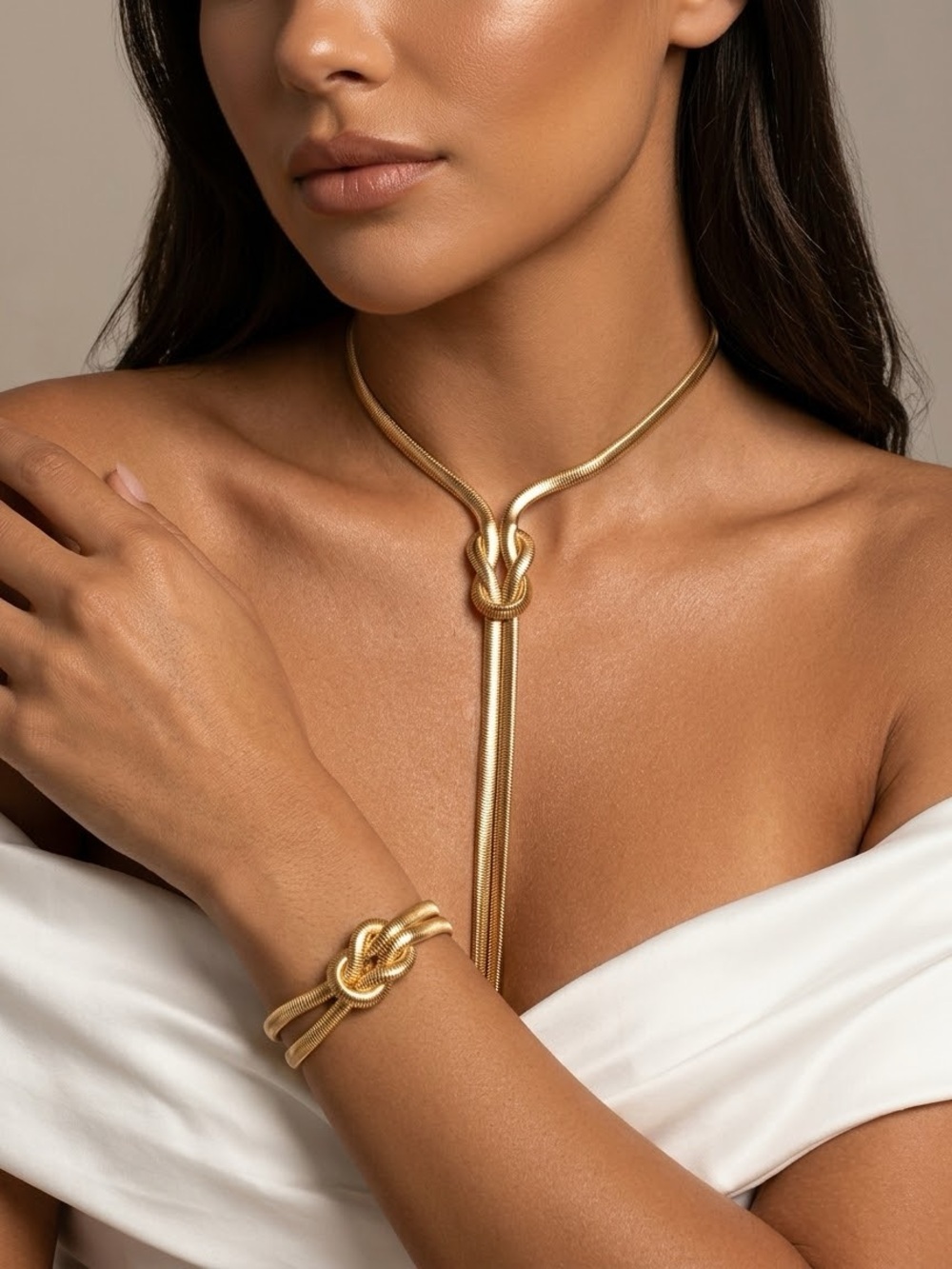 Elegant Gold Love Knot Lariat Necklace & Bracelet Set